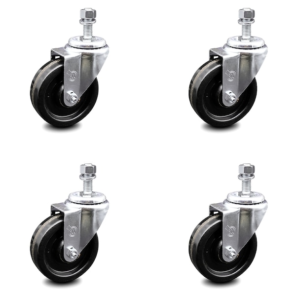 4 Inch Phenolic Wheel Swivel 12mm Threaded Stem Caster Set